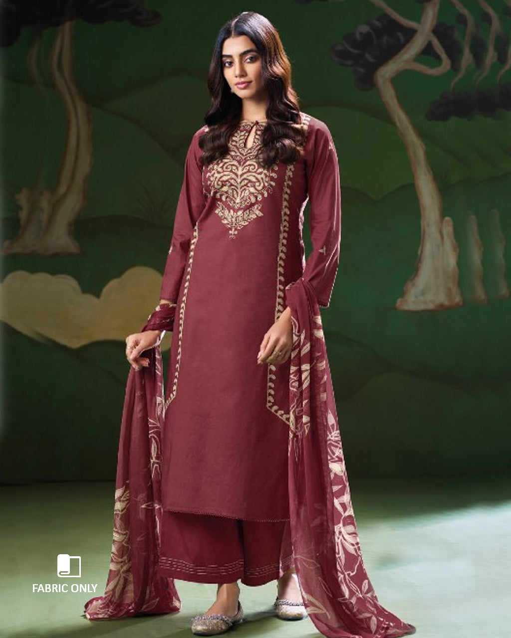 Wild Currant Maroon Premium Cotton & Chiffon Unstitched Dress Material