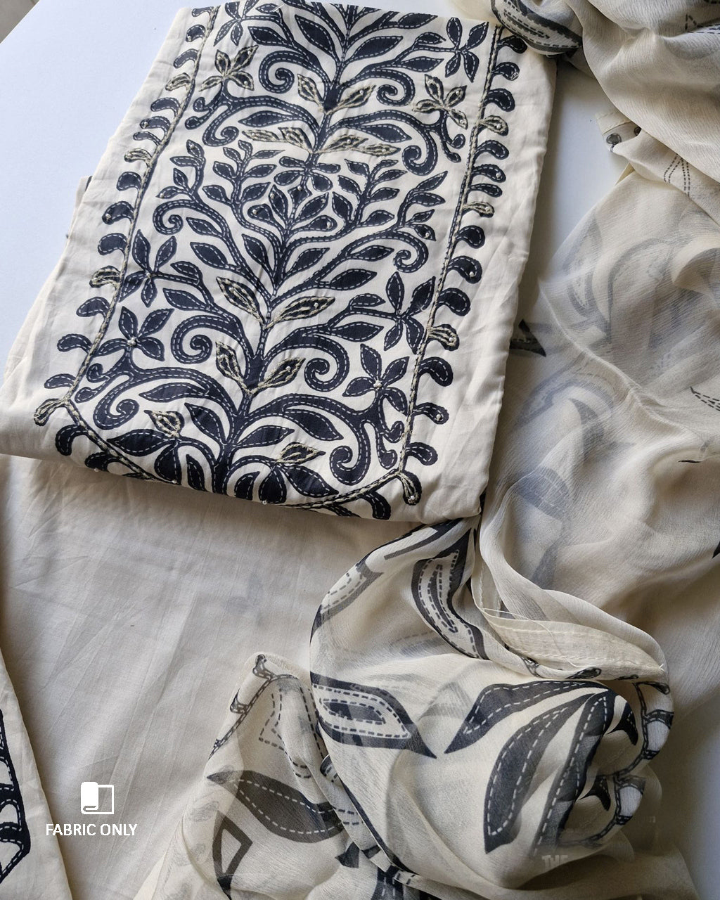 Pavlova White Premium Cotton & Chiffon Unstitched Dress Material