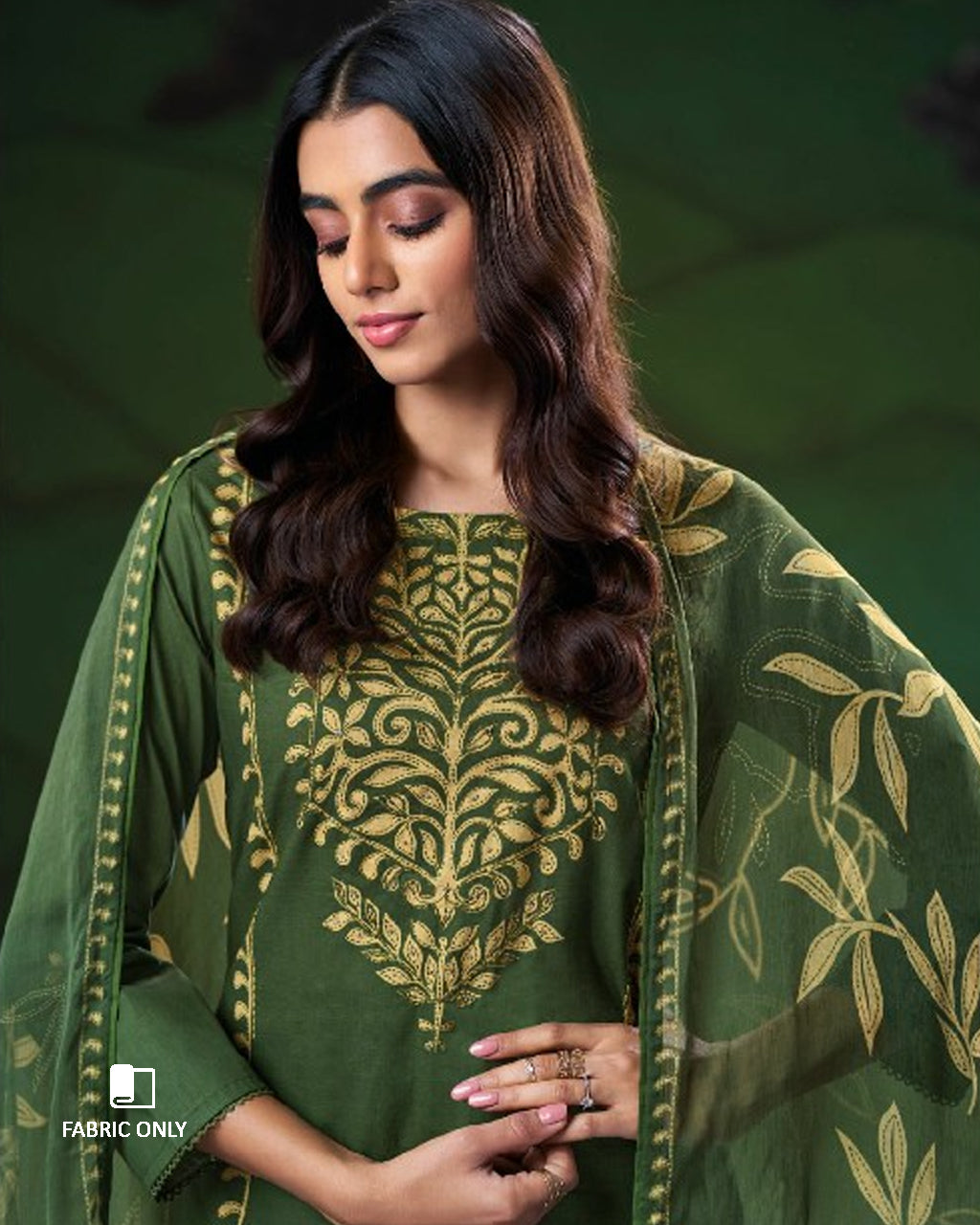 Bronze Tone Green Premium Cotton & Chiffon Unstitched Dress Material