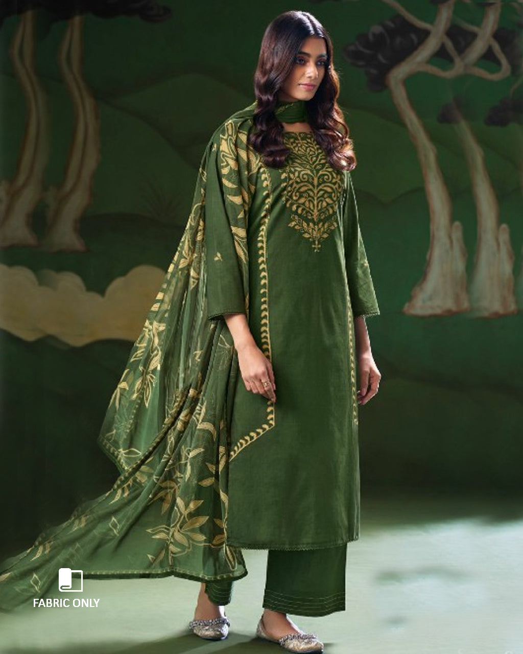 Bronze Tone Green Premium Cotton & Chiffon Unstitched Dress Material