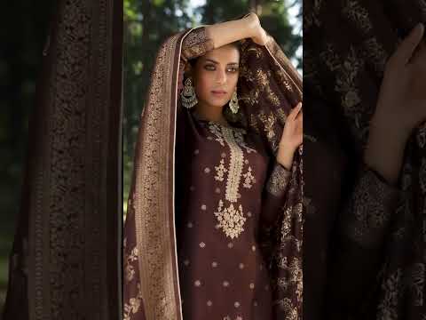 Bitter Chocolate Brown Viscose Pashmina With Heavy Embroidery Work Jacquard Unstitched Dress Material